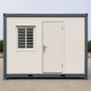 Front view of prefab portable office with lockable steel door and weather seal