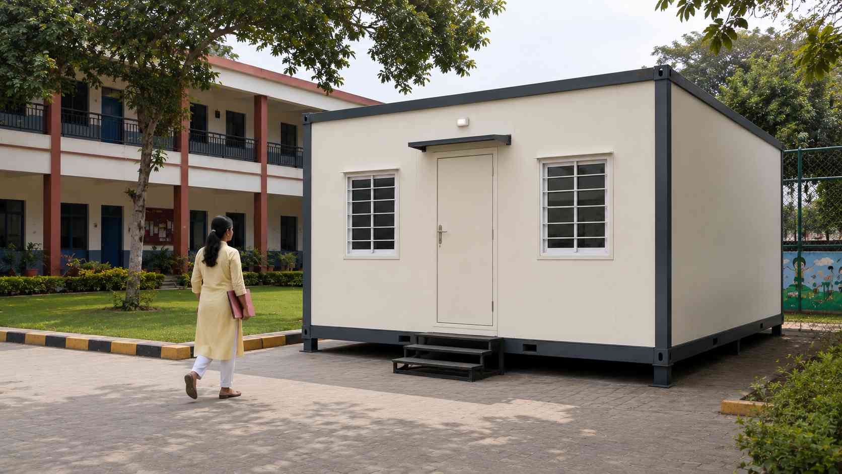 SAMAN prefab portable office in use as an admin office at a school campus in India
