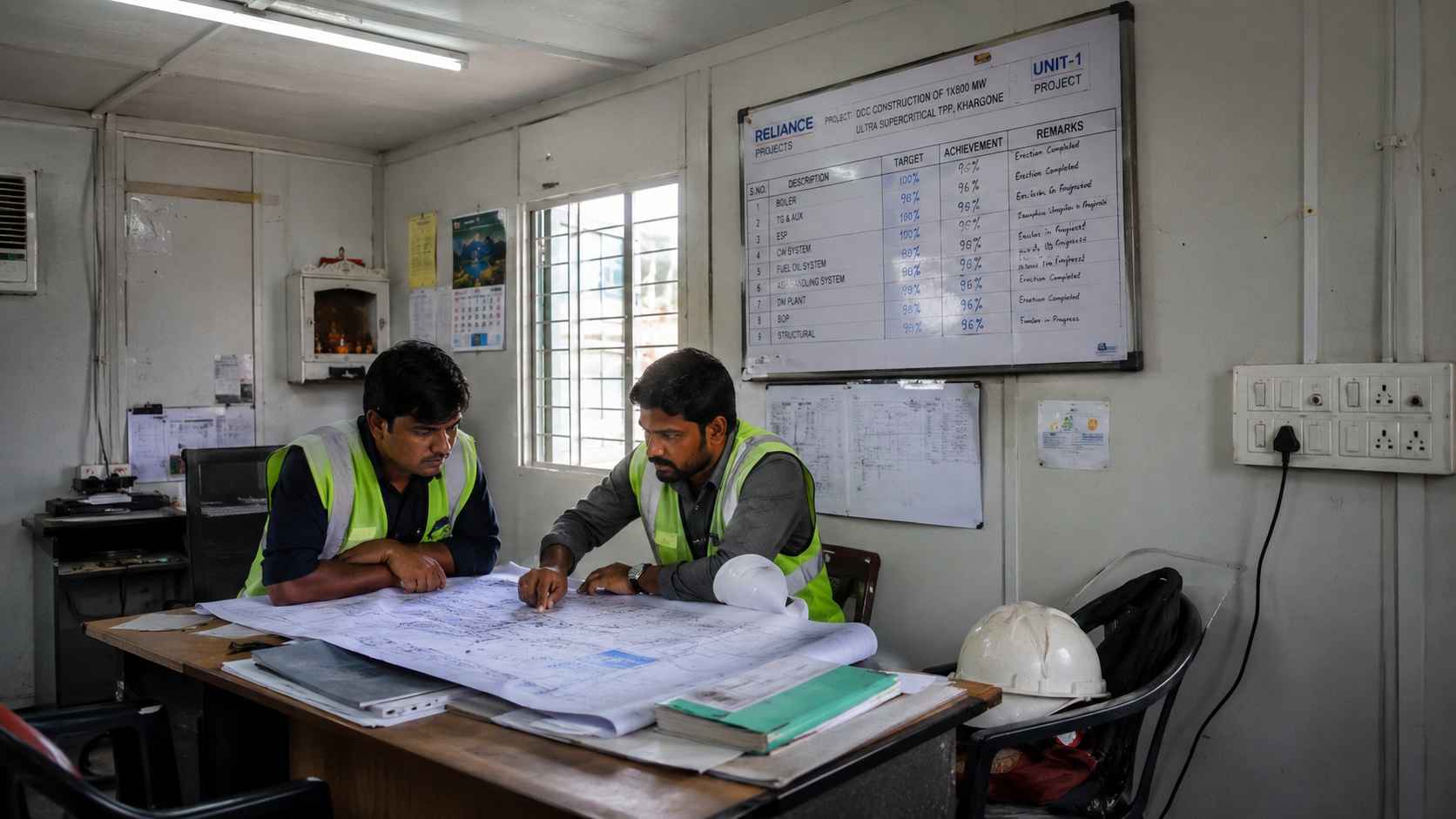 Two engineers reviewing drawings inside a working prefab site office.