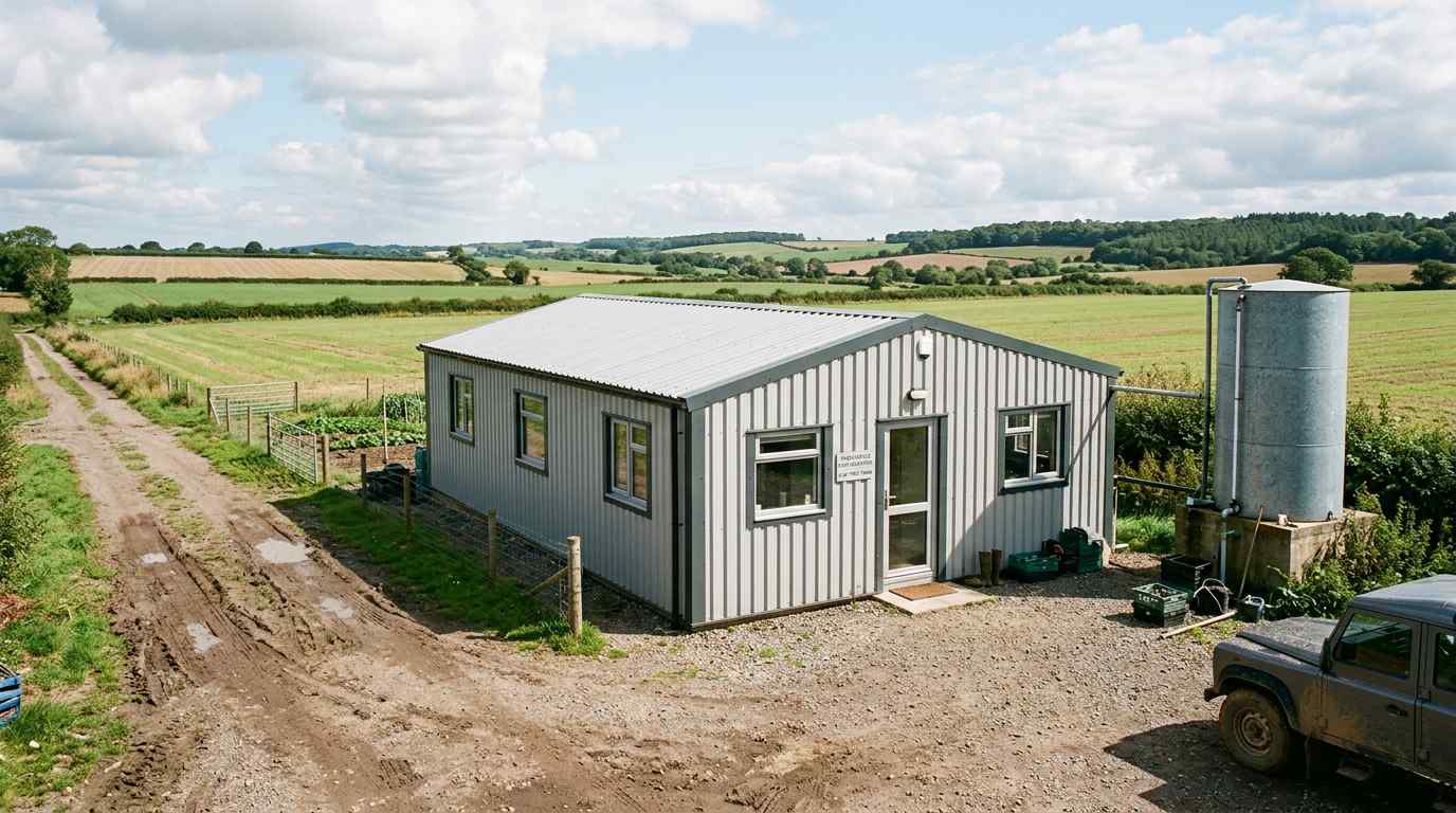 Pearl grey prefab steel house on a farm compound with fields behind.