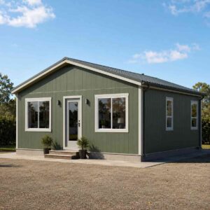 Sage green prefab steel house with windows and a residential entry door on a level plinth.