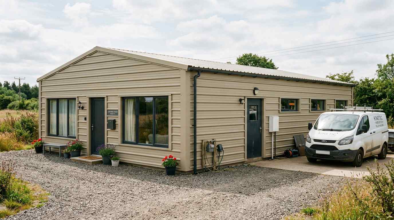 Sandstone beige prefab steel house used as a live-work building with a parked work van.