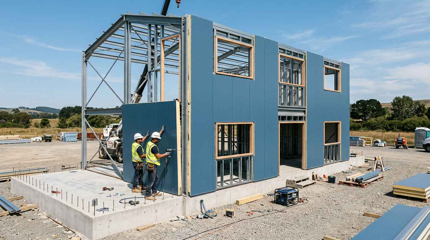 Steel blue prefab steel house being assembled on a concrete plinth by two workers.