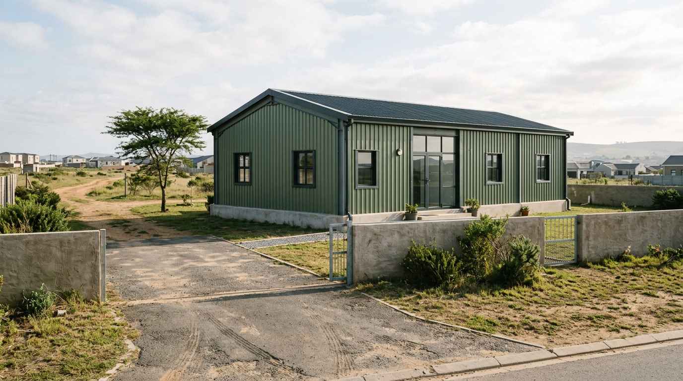 Sage green prefab steel house on a peri-urban plot near a developing residential area.