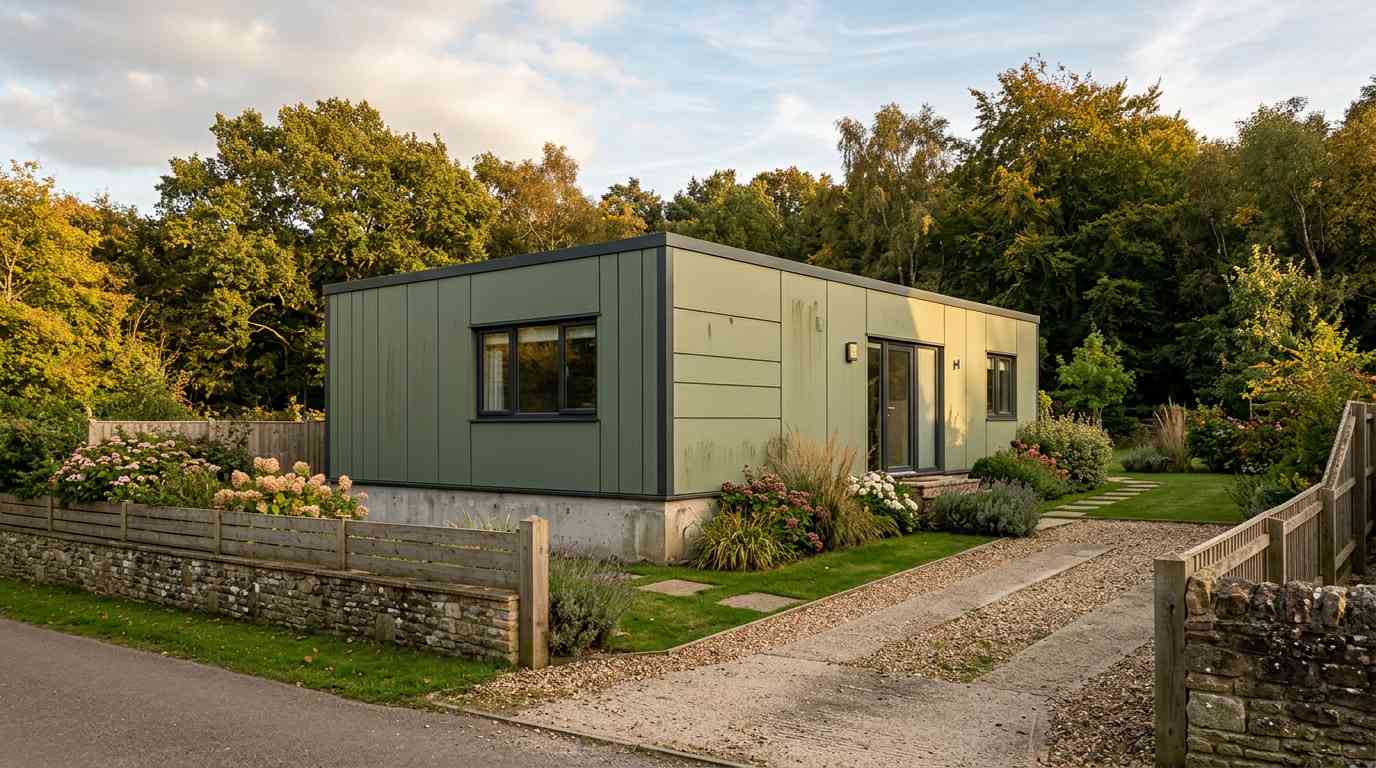 Sage green prefab steel house on a residential plot with a garden and driveway.