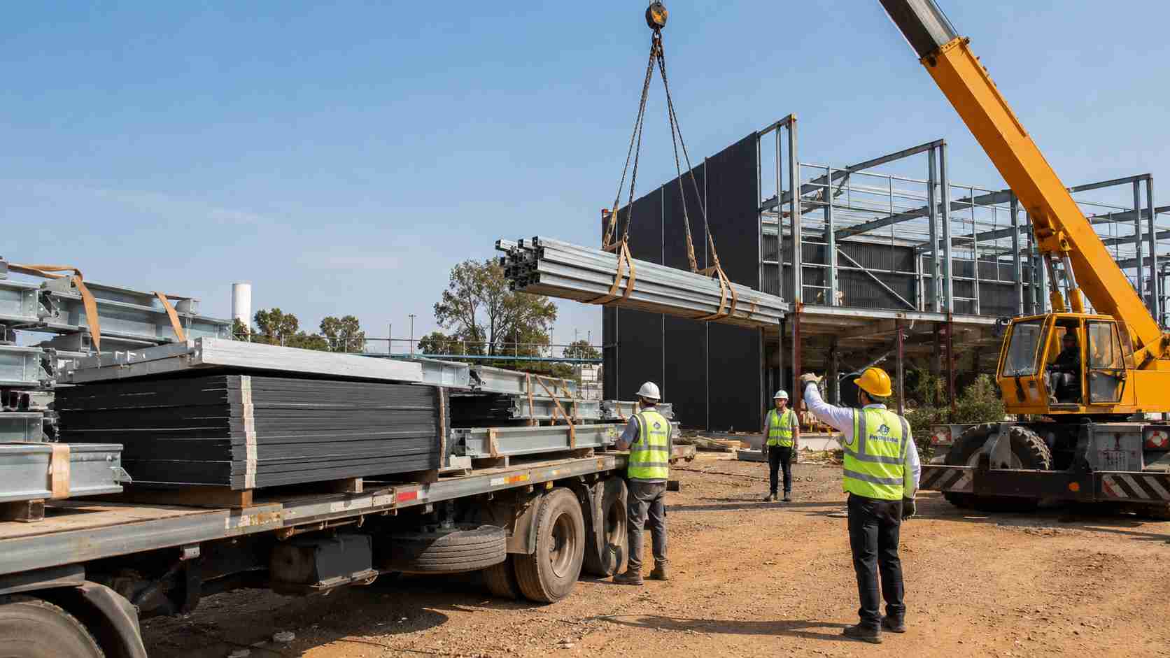 Flatbed delivering graphite-black panels and steel frames to a prefabricated construction site.
