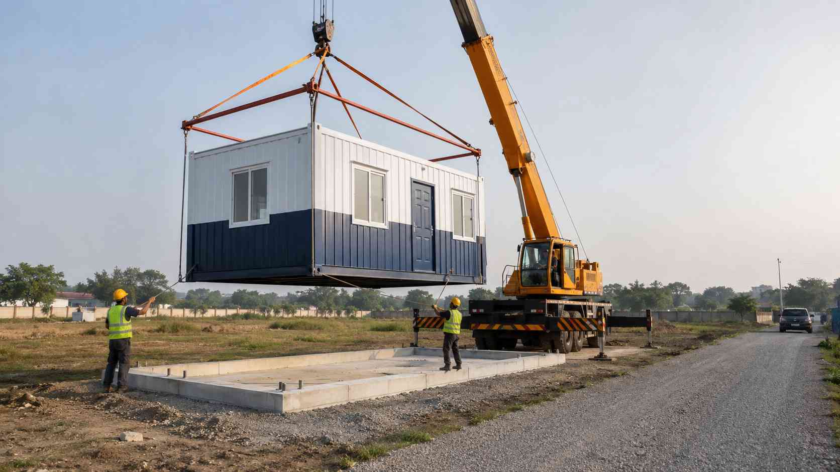 Navy blue prefabricated container house being lowered by crane onto a 40 by 12 foot concrete plinth