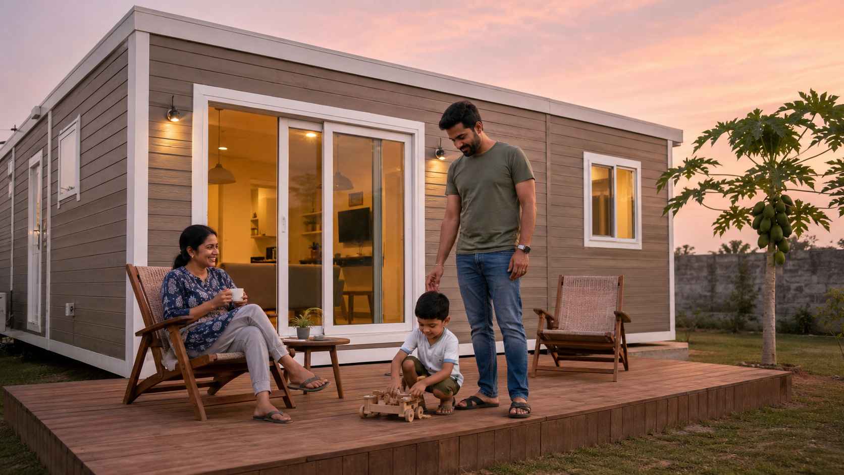 Indian family relaxing on the wooden deck of their warm taupe prefabricated container house at evening
