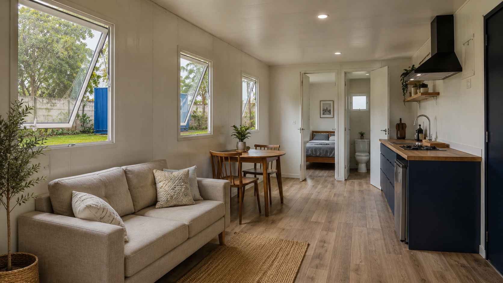 Interior overview of a prefabricated container house showing the four-zone layout with warm taupe flooring