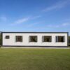 Pure white side elevation of a 40-foot prefabricated container house showing five openable windows