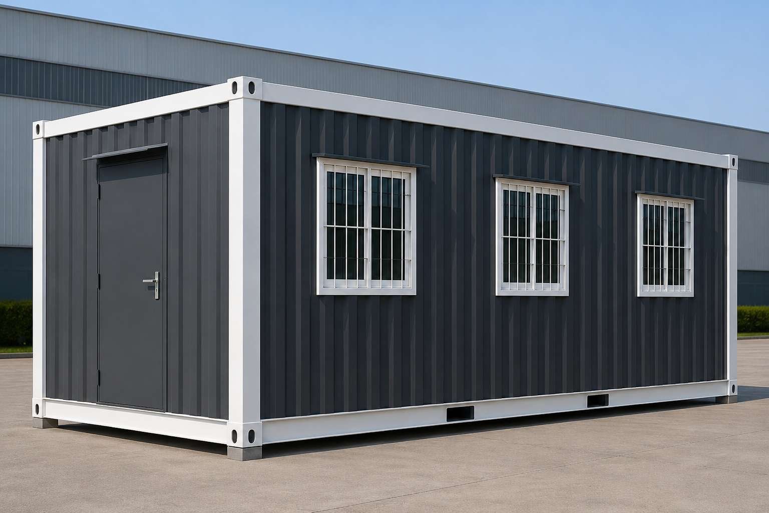 Prefabricated container office grey exterior three windows one door ISO corner castings – SAMAN factory-built unit Pan India delivery