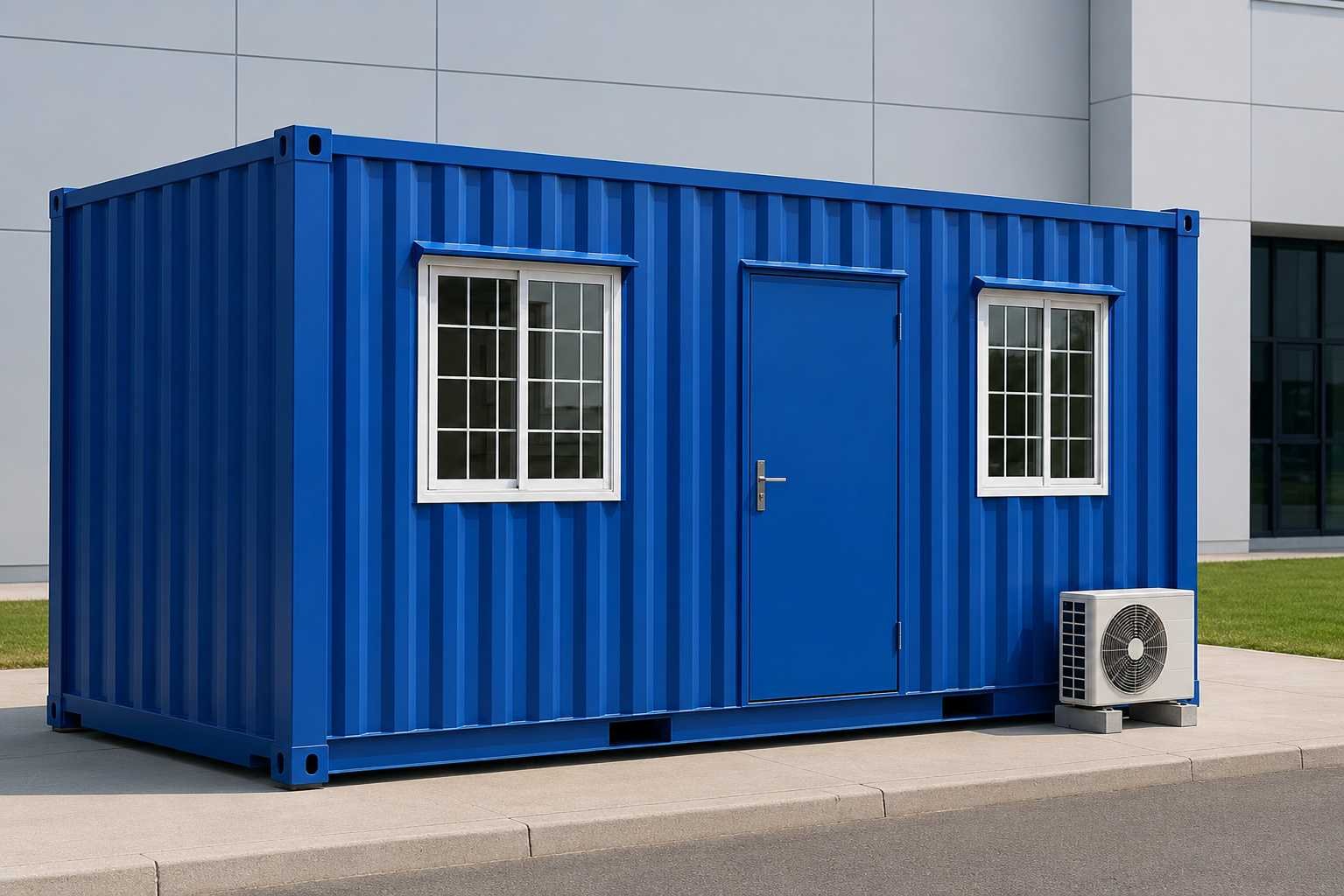 Prefabricated container office dark navy white ISO corner posts two windows access door – SAMAN factory-built container office modern backdrop