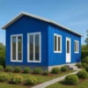 Blue prefab house side view