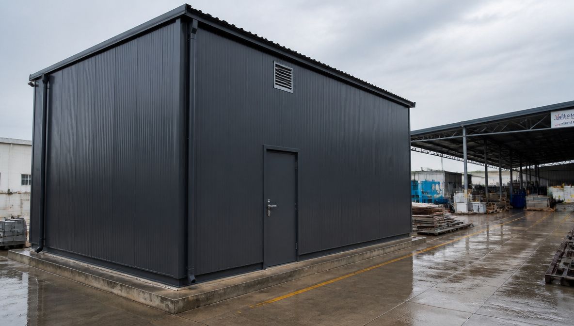 Slate charcoal prefabricated industrial shed with sealed insulated panels standing in a wet factory yard.