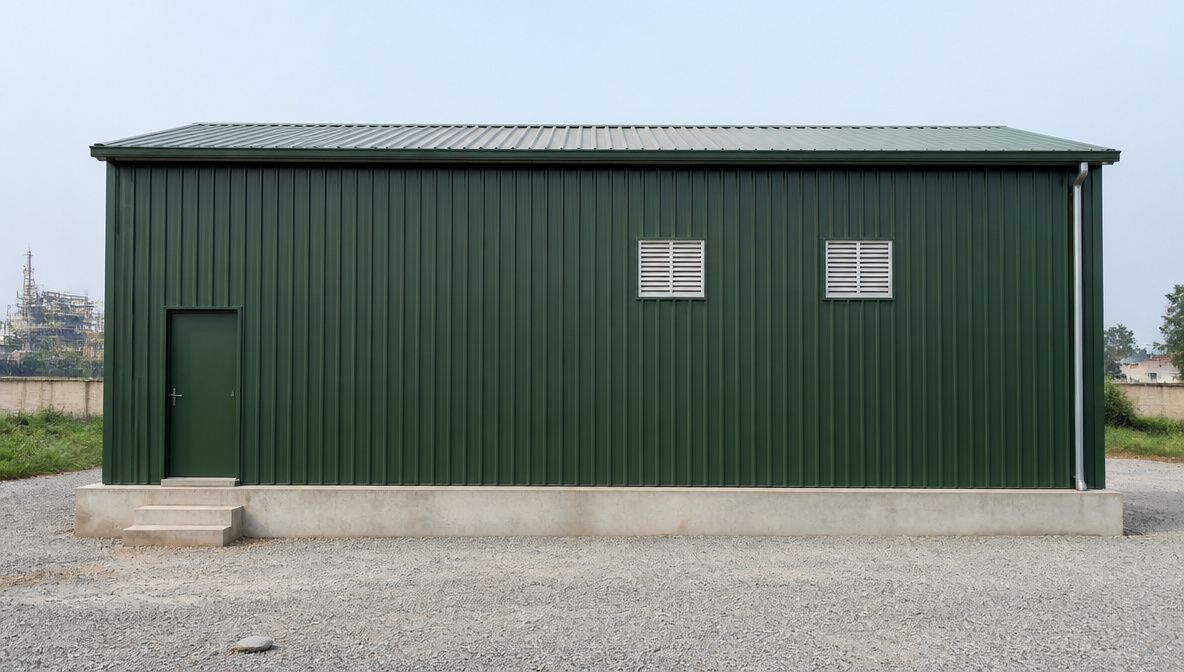 Forest green prefabricated industrial shed shown in full side elevation on a concrete plinth.