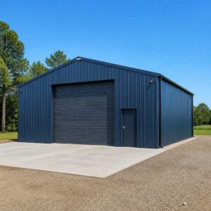 Steel blue prefabricated industrial shed with double swing doors on a concrete apron.