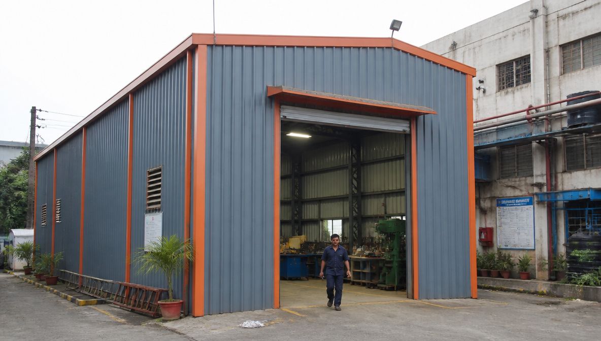 Steel grey prefabricated industrial shed with orange trim used as an open workshop in a factory compound.