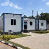 Three prefabricated office cabins installed in L-shape at a corporate compound near Bengaluru
