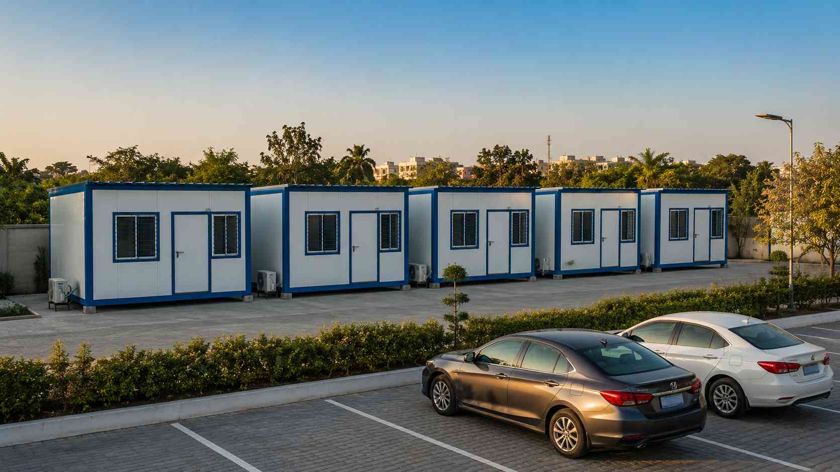 Five prefabricated office cabins installed as a corporate branch rollout at an Indian commercial site