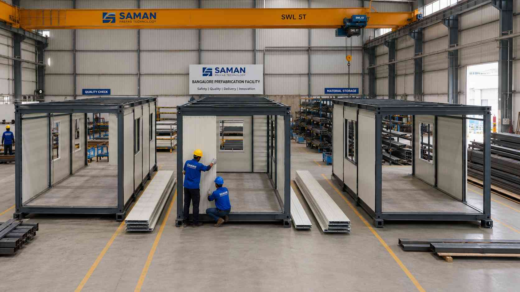 Parallel fabrication lines at SAMAN Bangalore making three prefabricated office cabins simultaneously