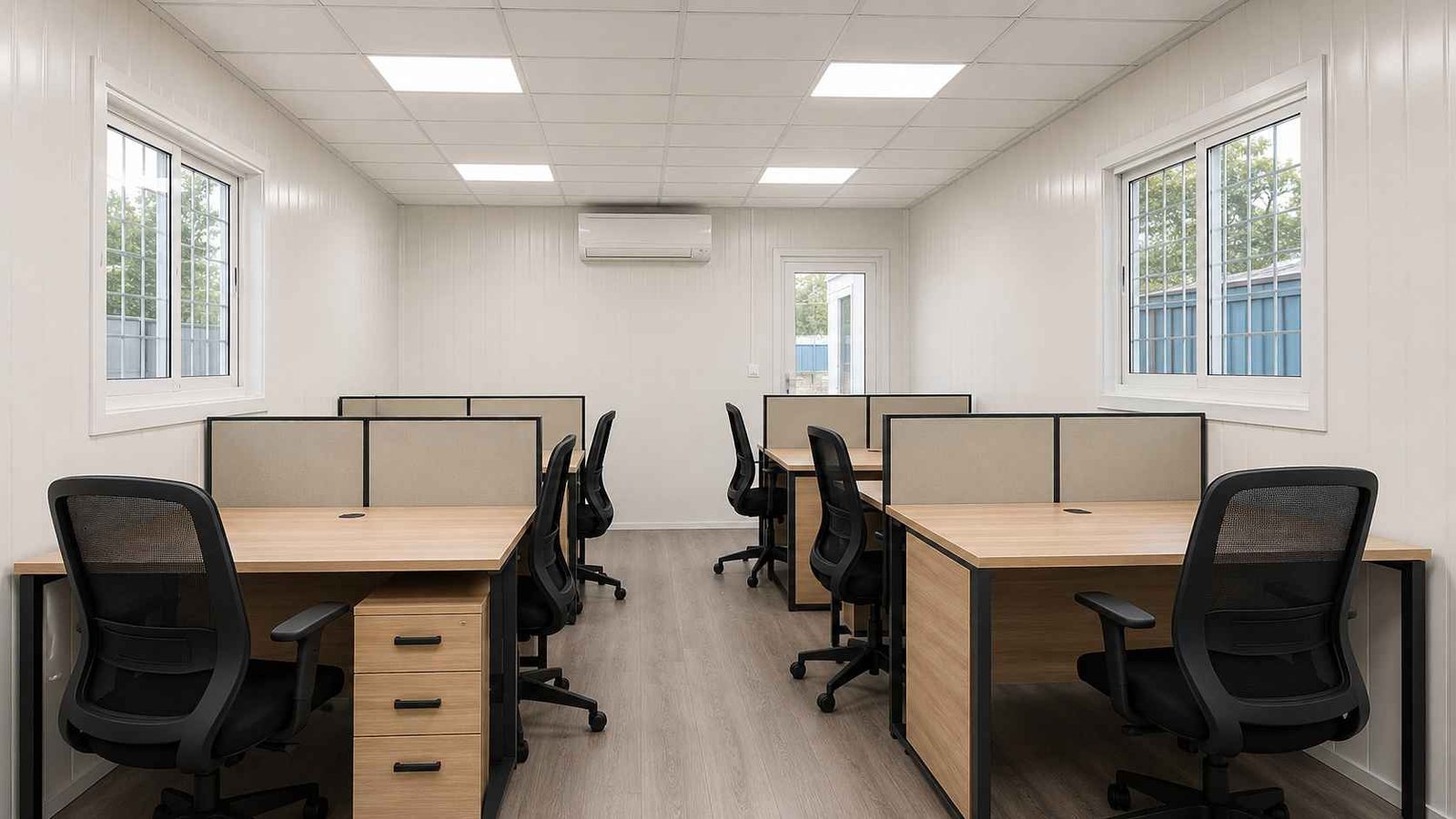 Prefabricated portable cabin interior — factory-fitted ceiling, electrics, flooring, and windows
