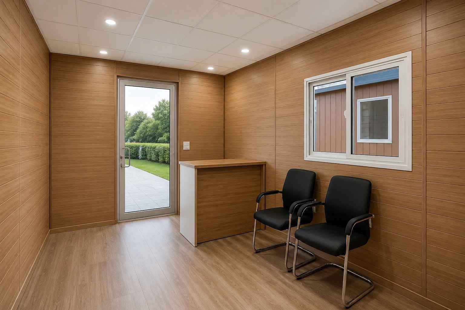 Prefabricated portable cabin interior — factory-finished wall panels, door, and flooring