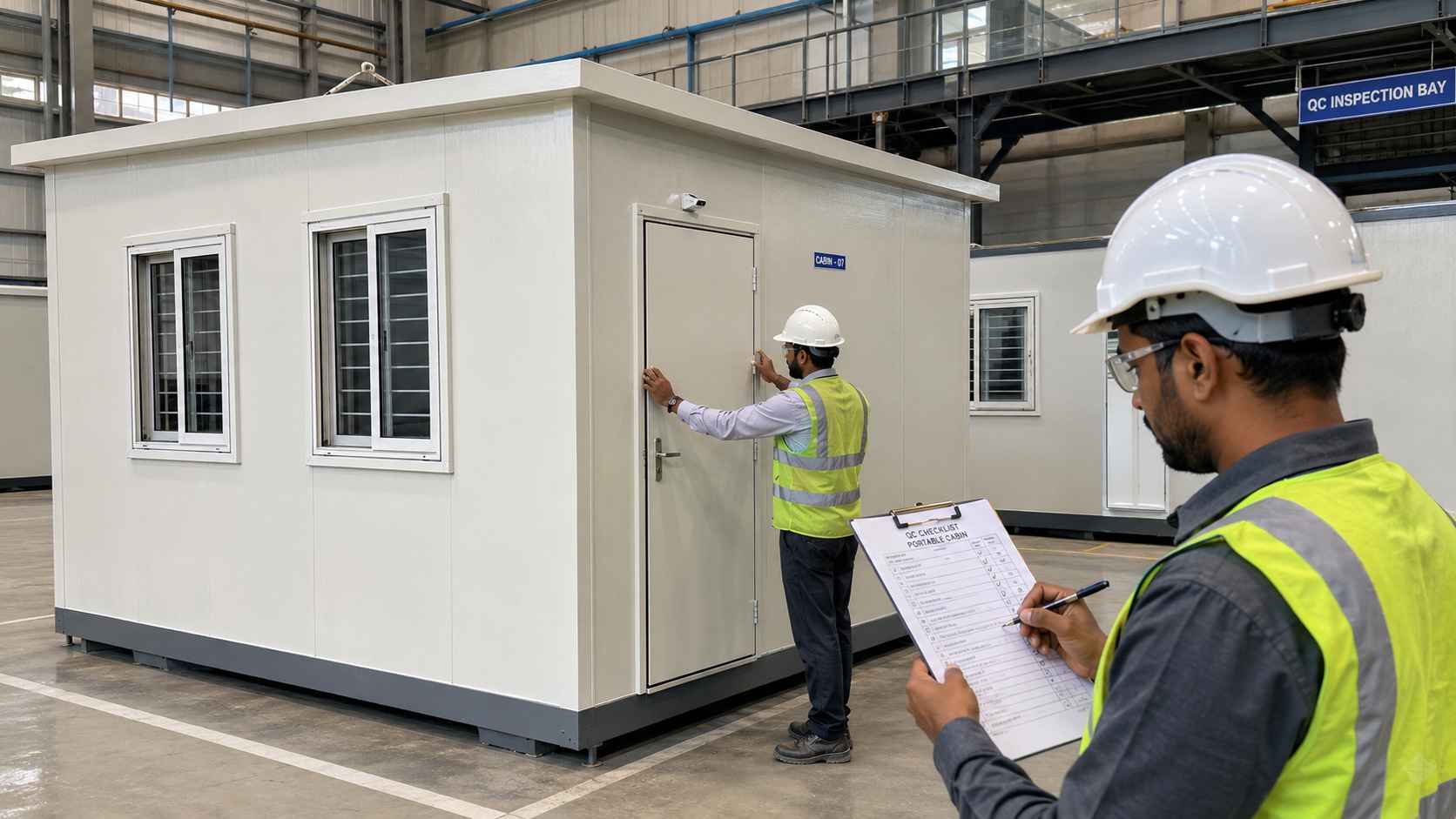 Pre-dispatch quality check on a prefabricated portable office cabin at SAMAN factory