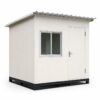 Prefabricated security cabin in off-white factory finish, 10×8×8 ft standard SAMAN spec-build, front 45-degree view.
