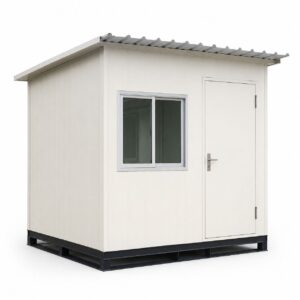 Prefabricated security cabin in off-white factory finish, 10×8×8 ft standard SAMAN spec-build, front 45-degree view.