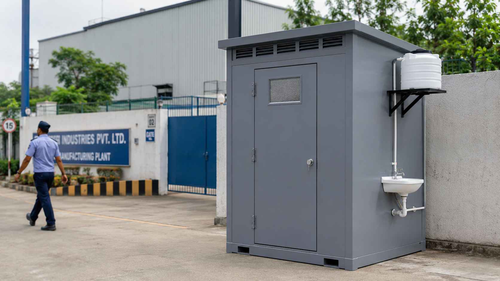 Steel grey prefabricated toilet installed near a factory gate in India