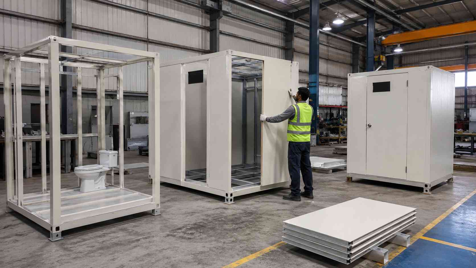 Prefabricated toilet units being built on a factory fabrication line