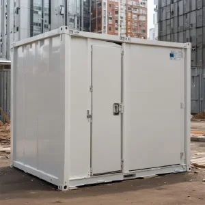 White prefabricated toilet with twin lockable doors at an Indian construction site