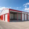 Red and white prefabricated warehouse with open bays showing the column-free steel clear-span interior.