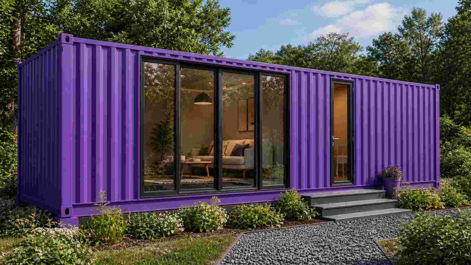 Large portable cabin building 40 ft length with main glazed section and separate room entry — 4-room site headquarters