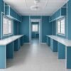 Blue prefab office cabin with tiled flooring and cabinets.