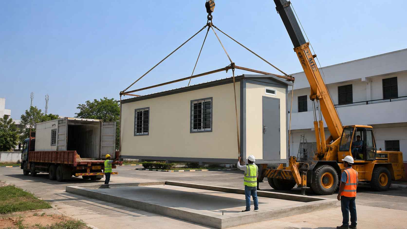 Hydraulic crane placing a readymade office cabin onto a prepared concrete pad at a commercial site