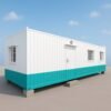 Exterior of prefab office cabin with turquoise base.