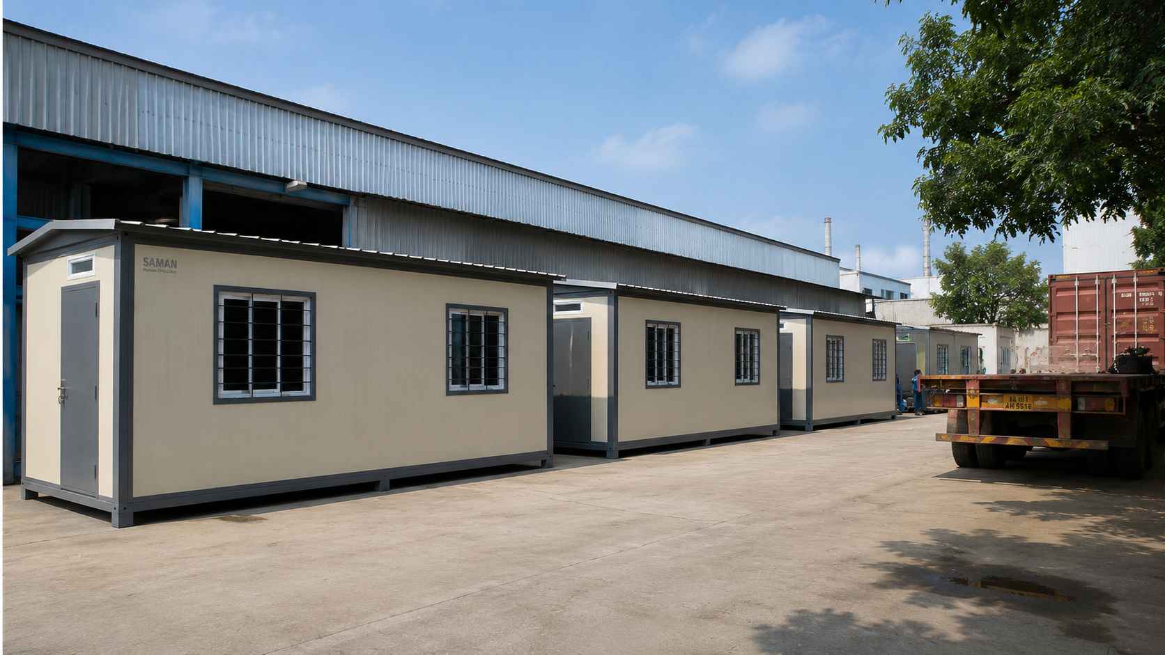 Stock readymade office cabins lined up at SAMAN's Bangalore factory yard awaiting dispatch