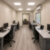 Interior of readymade office cabin set up for an 8-person team with desks, AC, and false ceiling lighting