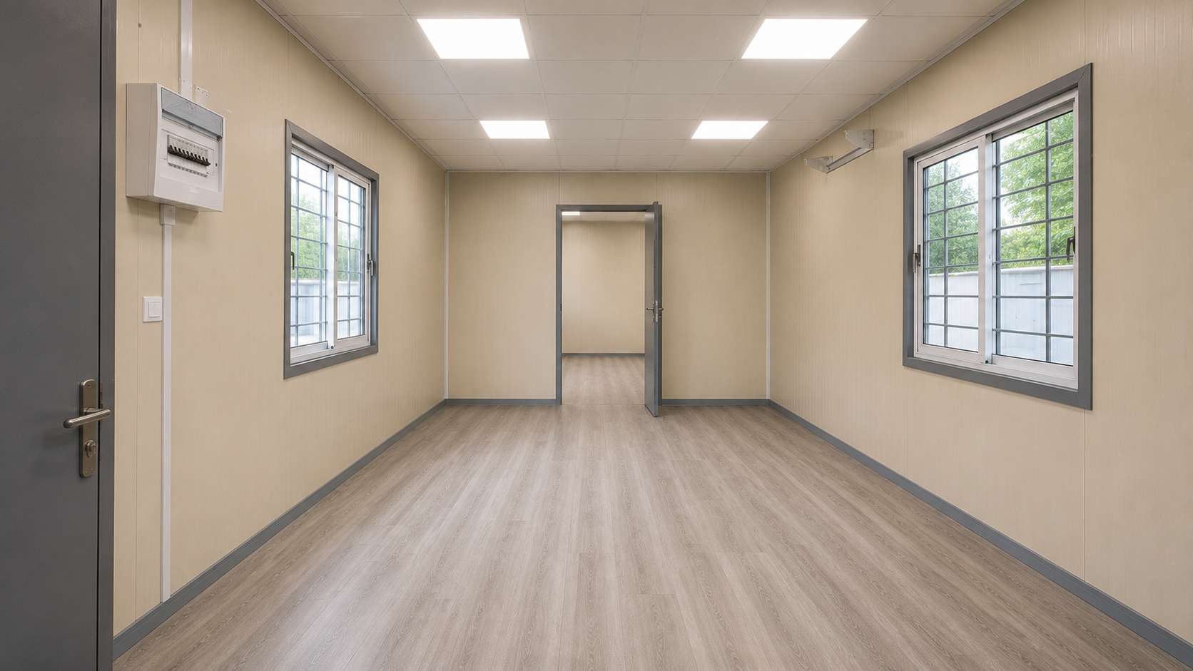 Interior of factory-fitted readymade office cabin showing false ceiling, LED panels, vinyl flooring, and AC point