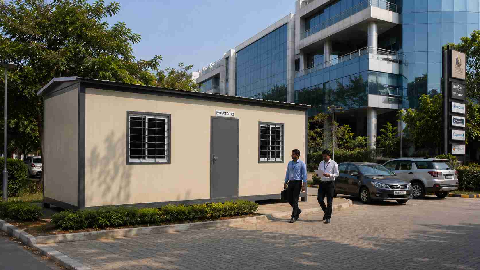 Readymade office cabin in use as a project office at a corporate tech park in India