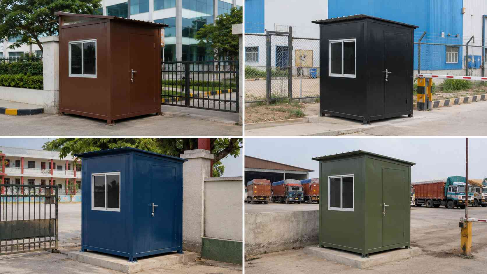 Four readymade security cabin colours — brown, black, blue, olive green — shown across corporate, factory, school, and logistics gate deployments