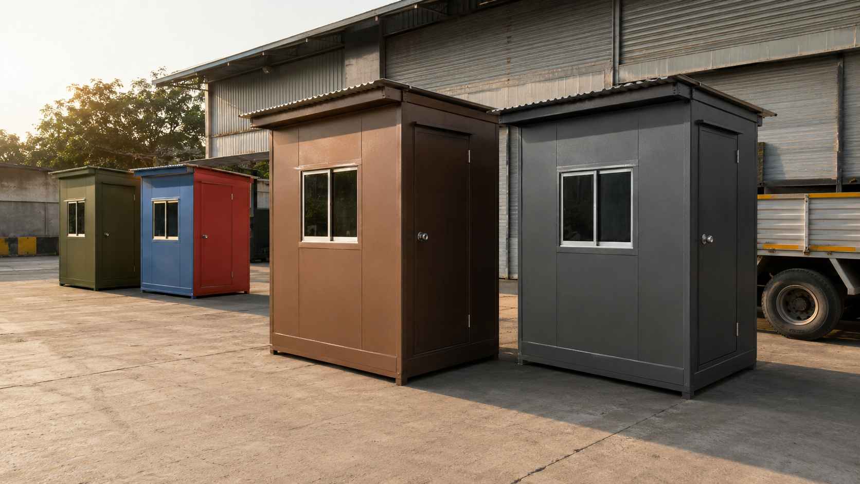 Pre-built readymade security cabins in five colours waiting on a Bangalore manufacturer's yard for same-week dispatch