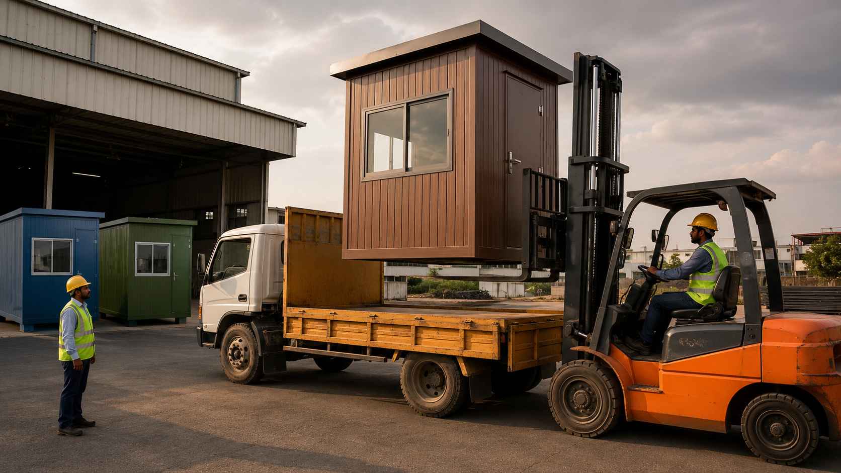 Readymade security cabin in brown finish being loaded onto a flatbed truck at SAMAN's Bangalore manufacturing yard for same-week dispatch