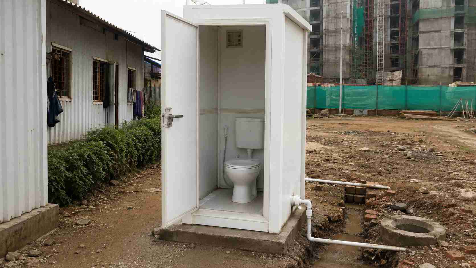 White readymade toilet cabin connected to water at a labour site, drainage to a soak pit.