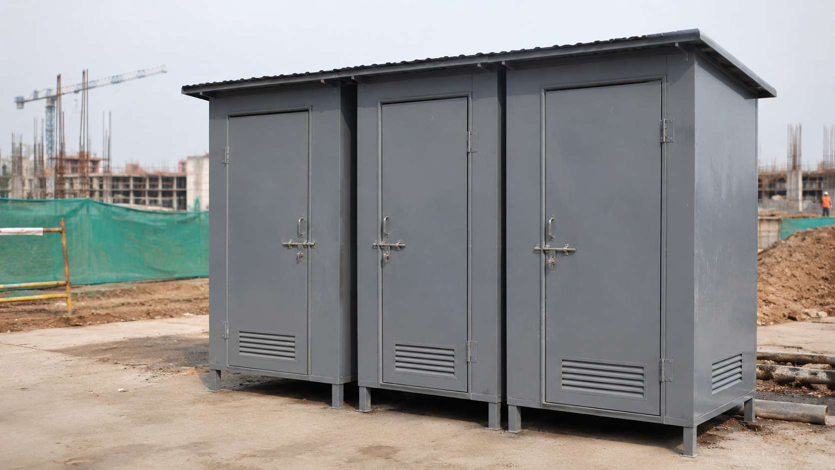 Three steel grey readymade toilet cabins lined up side by side at a construction site.