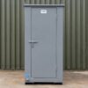 Front view of a steel grey readymade toilet cabin with door and water inlet.