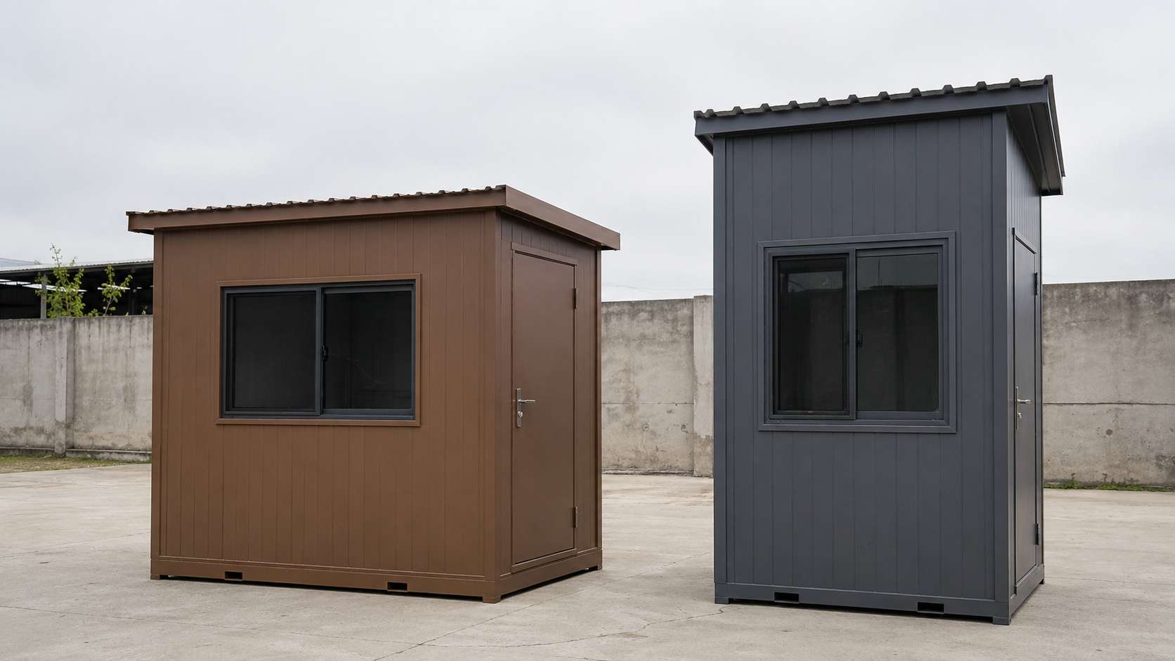 Size comparison between readymade 8'×6'×8' security cabin in brown and standard 6'×6'×9' security guard cabin in dark grey, side by side