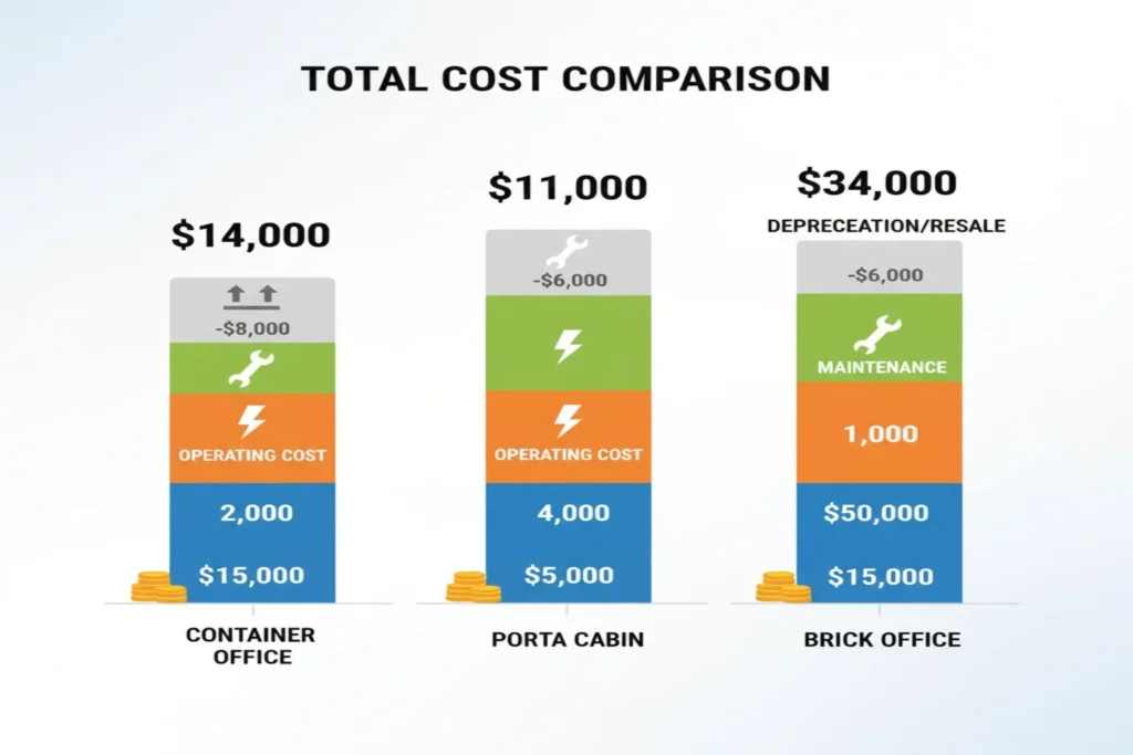 Resale value comparison of modular office unit vs porta cabin vs brick office