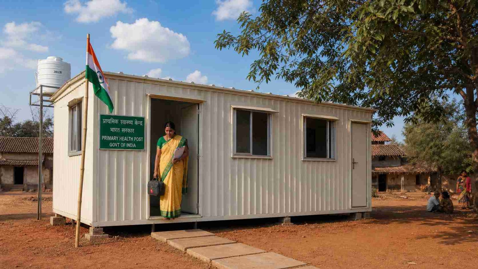 portable cabin with toilet rural healthcare Anganwadi India SAMAN MS corrugated government facility